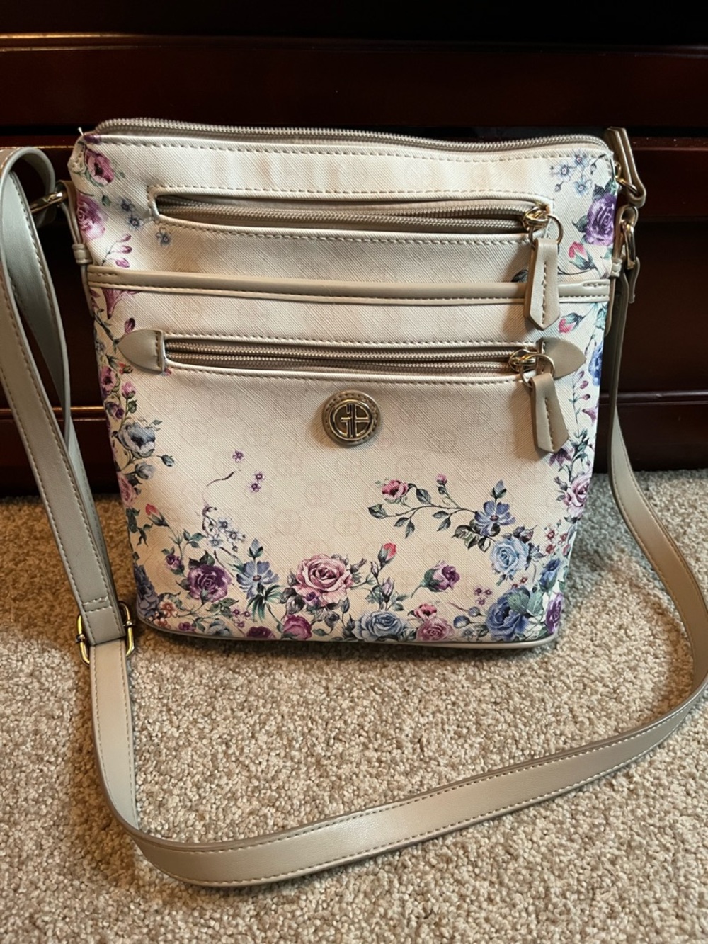 Giani Bernini Floral Crossbody Bag in Cream with Logo Accent